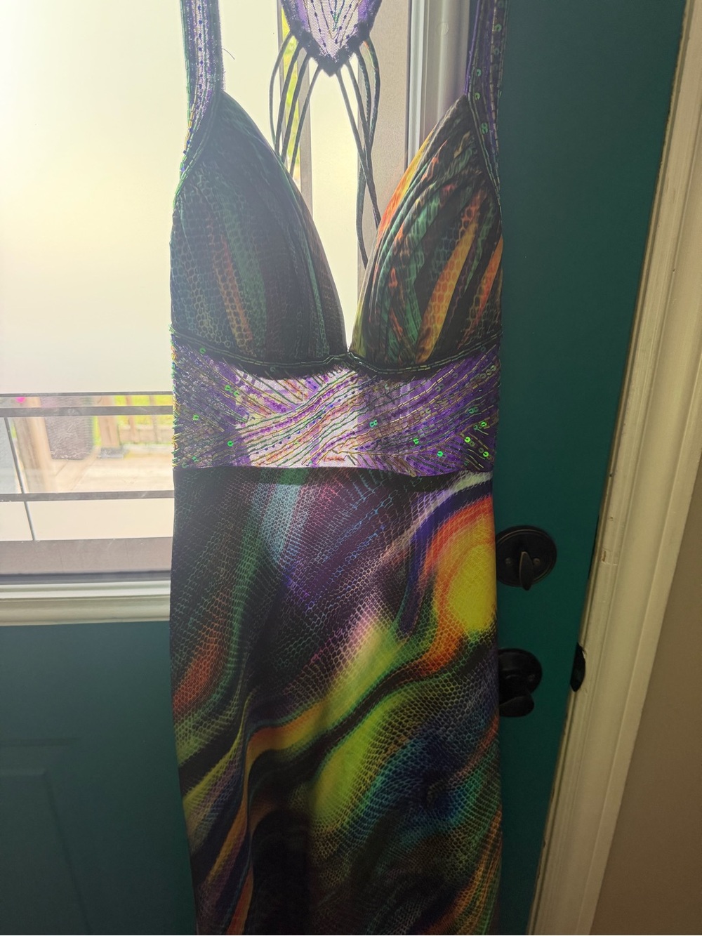 Multi-Color Halter Evening Dress with Beaded Waist